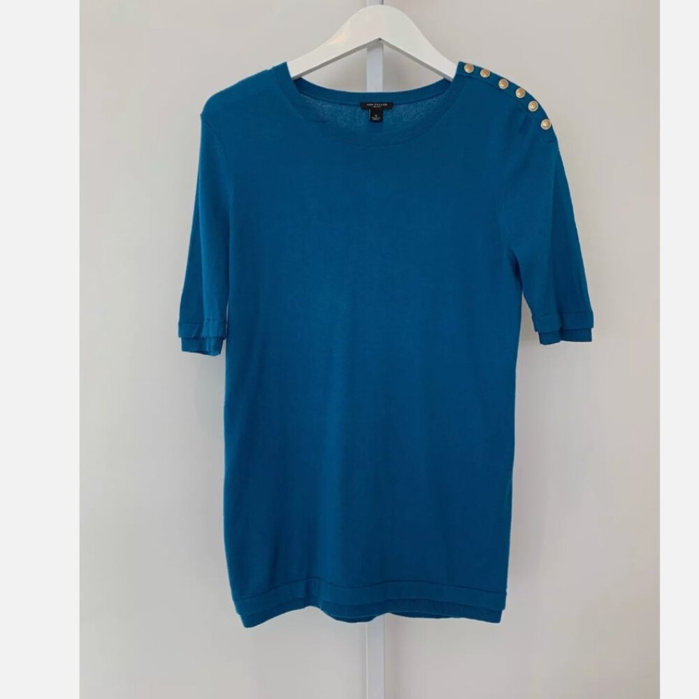 ANN TAYLOR TEAL BLUE COTTON SHORT SLEEVE KNIT SIZE SMALL